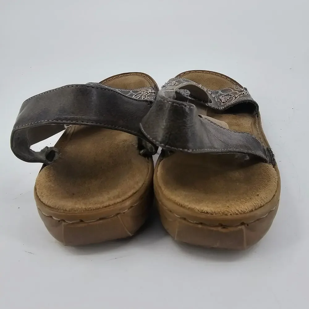 Y2K Rieker Beaded Gray Embroidered Strappy Sandals Boho Silver Emblem EU 40 9.5